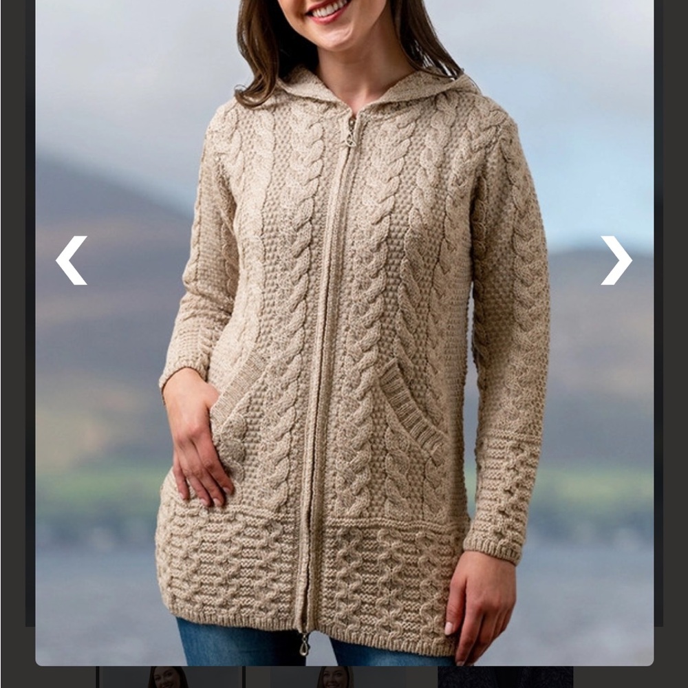 Aran Crafts Women's Beige Irish Cable Knit Hooded Cardigan